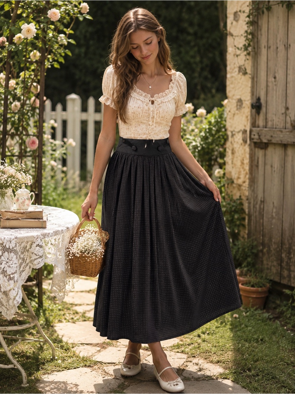 Cottagecore Vintage Susan Bristol Black Maxi Skirt With White Polka Dots